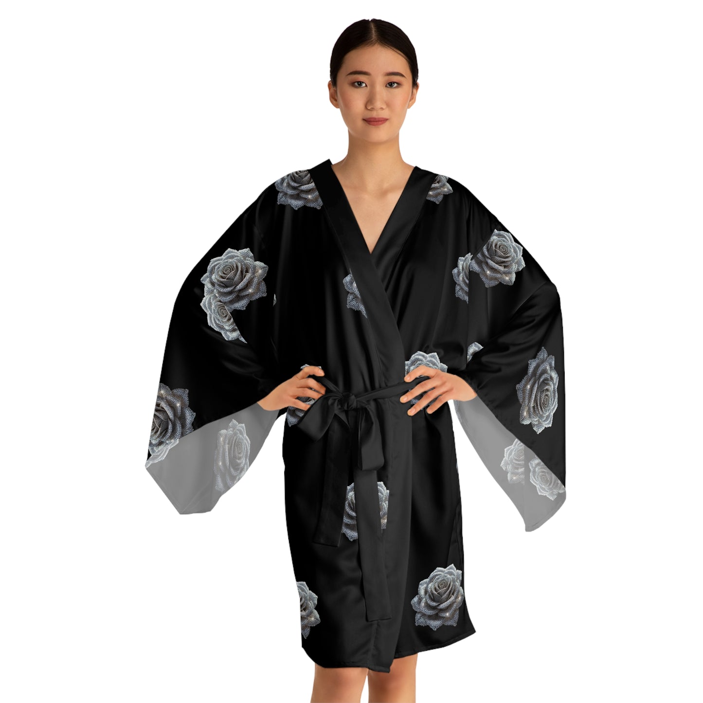 Elegant Black Rose Long Sleeve Kimono Robe for Relaxation & Style