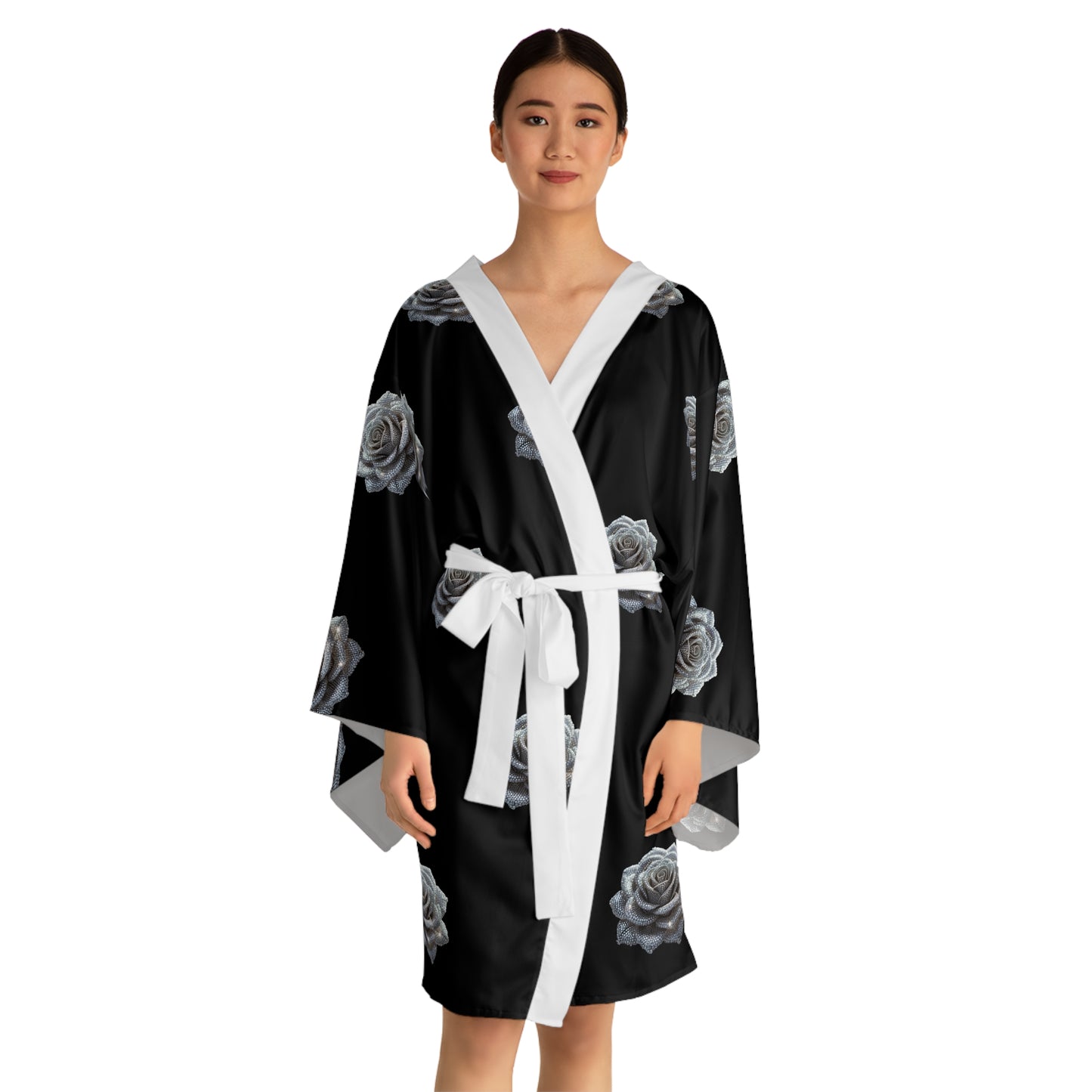 Elegant Black Rose Long Sleeve Kimono Robe for Relaxation & Style