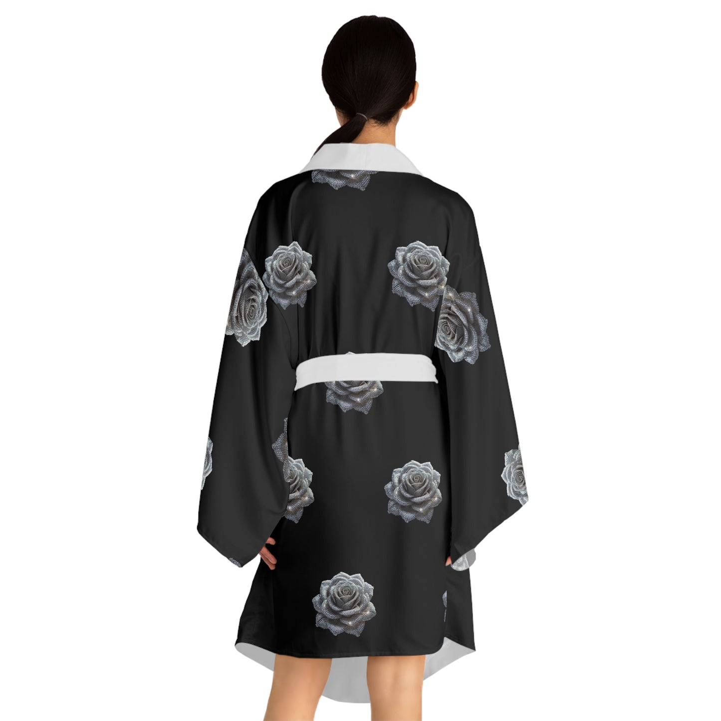 Elegant Black Rose Long Sleeve Kimono Robe for Relaxation & Style