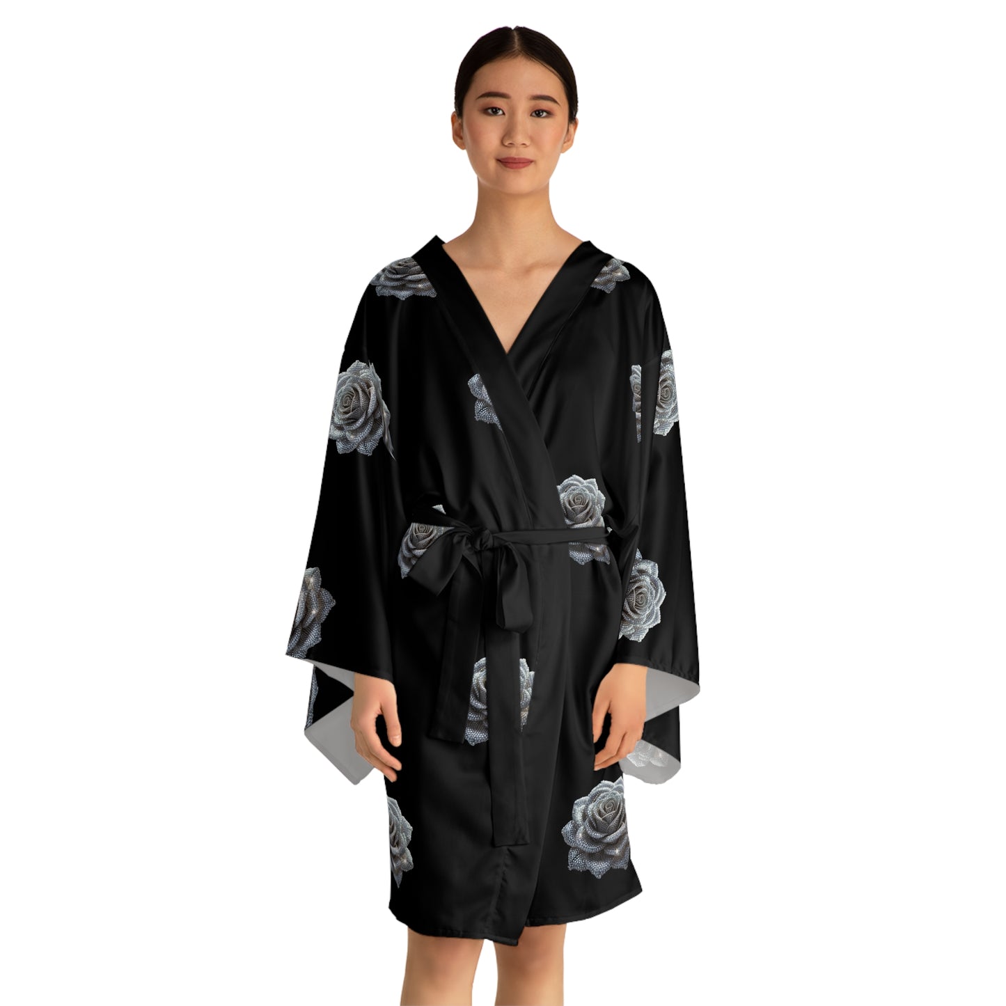 Elegant Black Rose Long Sleeve Kimono Robe for Relaxation & Style