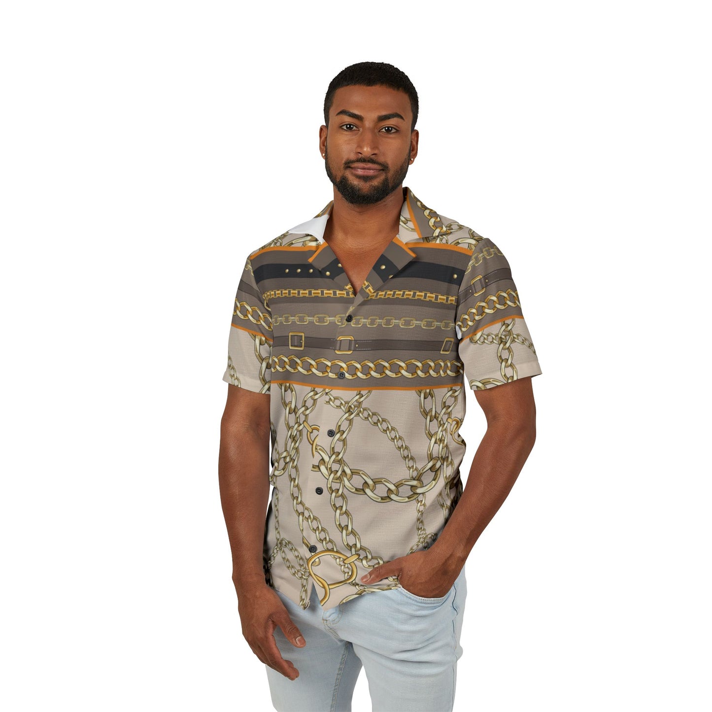 Men's Hawaiian Camp Shirt - Trendy Chain Print for Beach & Casual Wear
