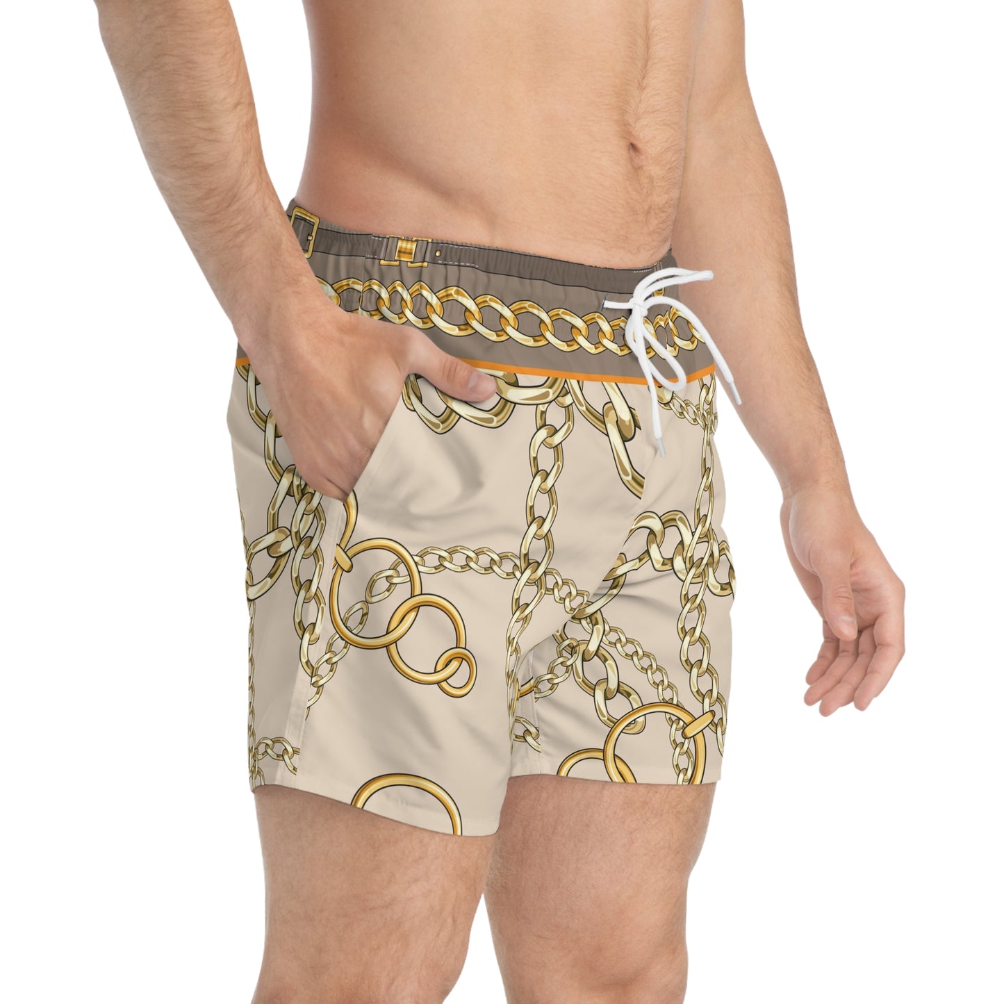 Gold Chain Print Swim Trunks for Summer Style