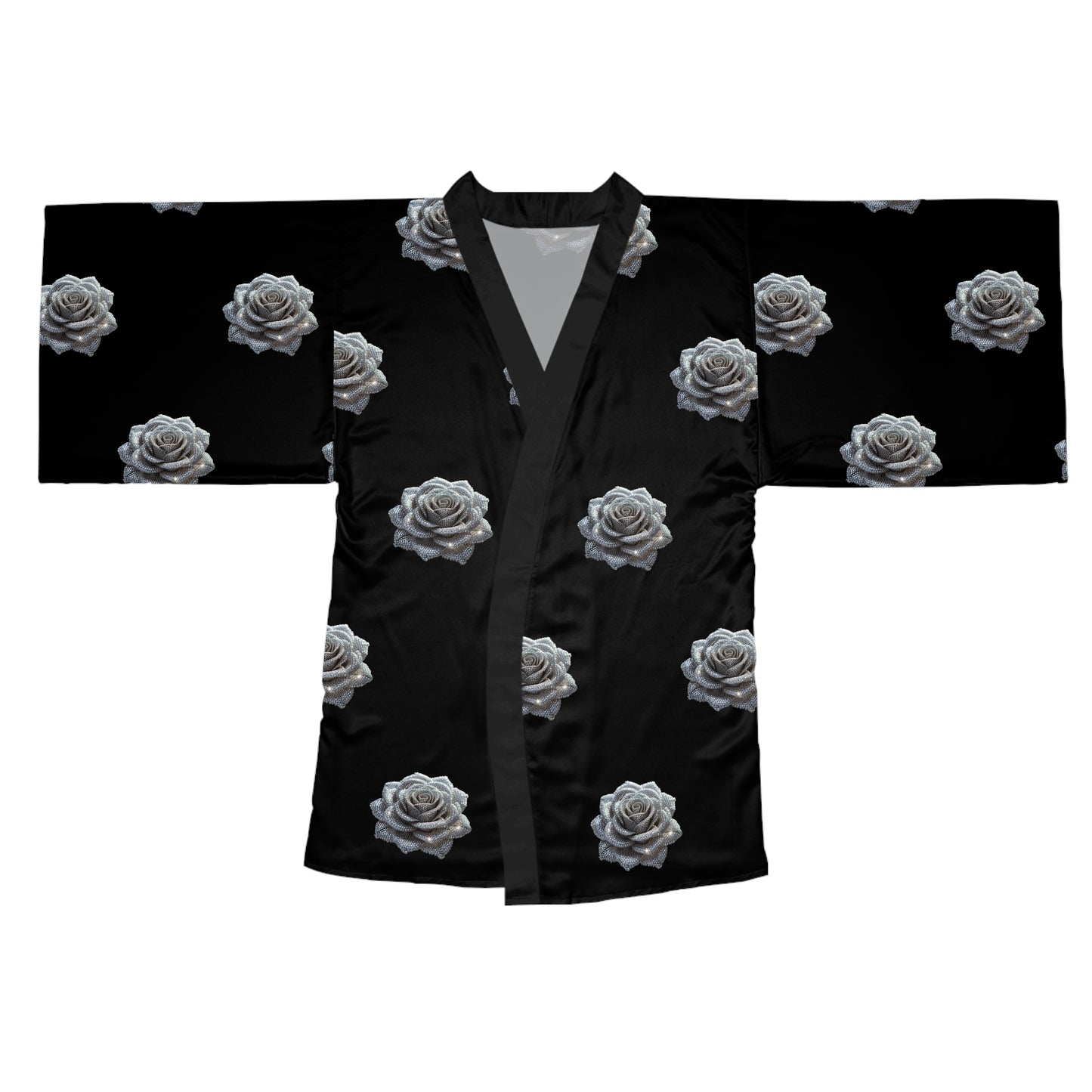 Elegant Black Rose Long Sleeve Kimono Robe for Relaxation & Style