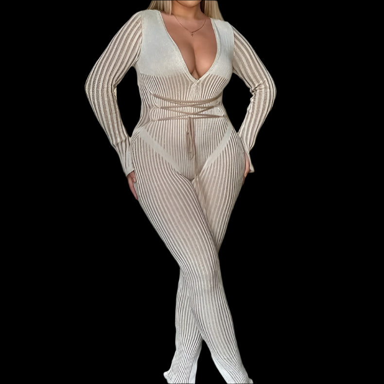 New Women's Sexy Deep V-neck Striped Tied Long Sleeves Jumpsuit