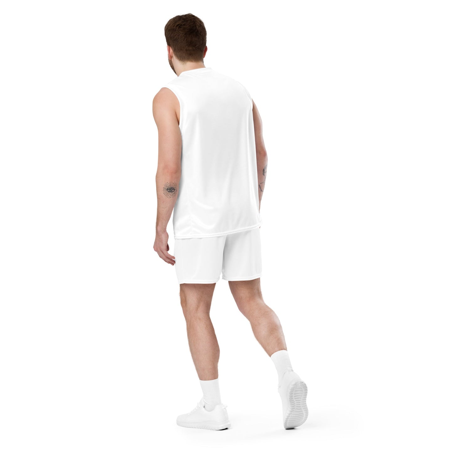 Unisex mesh shorts by designer bear JW, modeled from the back, showcasing comfortable and flexible activewear suitable for various activities.