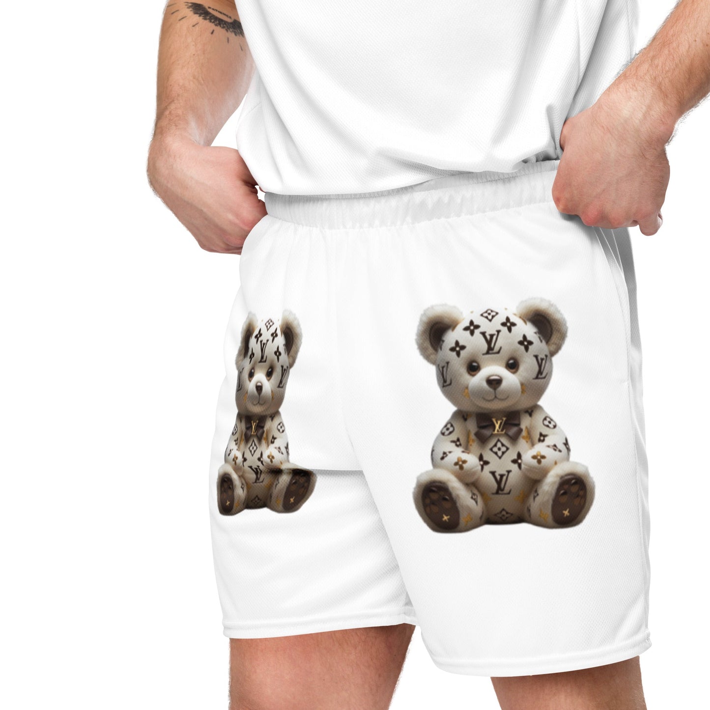 Unisex mesh shorts featuring designer bear by JW, flexible and moisture-wicking with recycled polyester fabric.