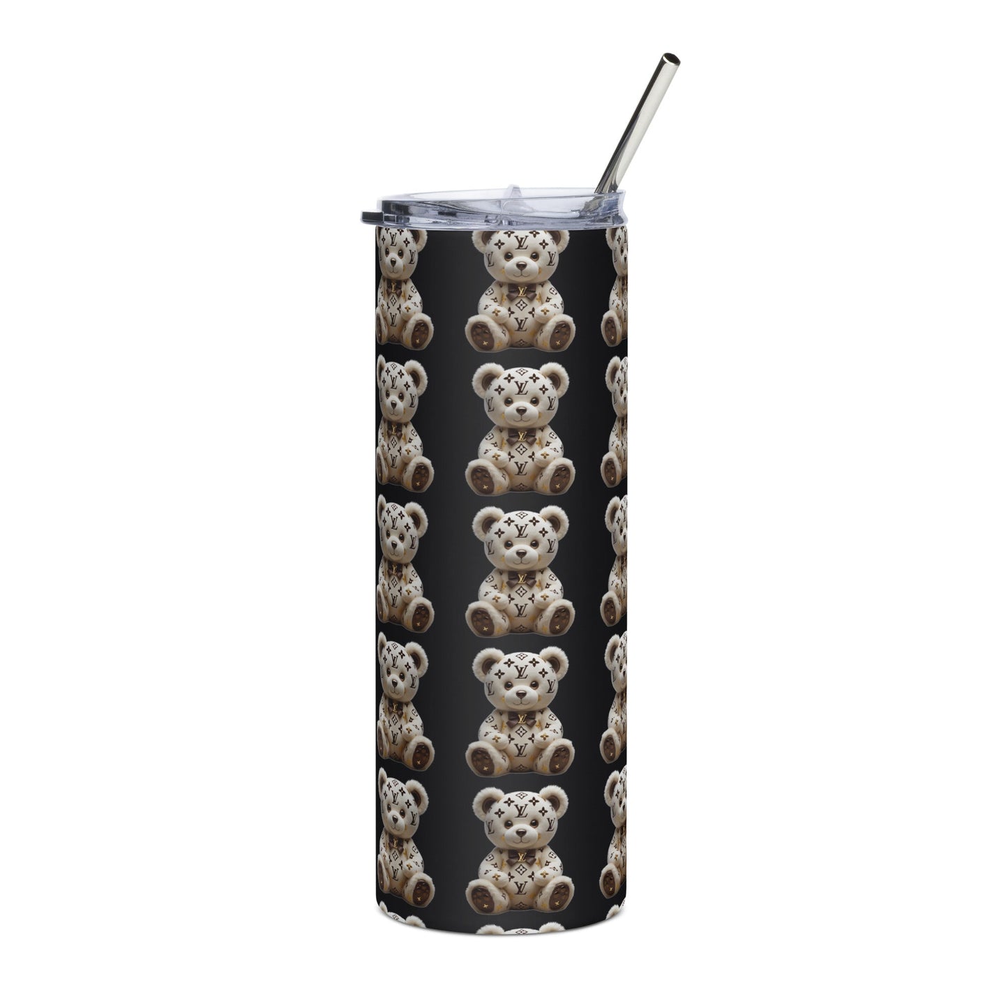 Jw Stainless steel tumbler with metal straw and teddy bear pattern design.