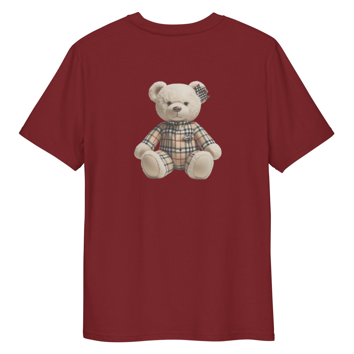 JW bear Unisex organic cotton t-shirt with bear print on red background.