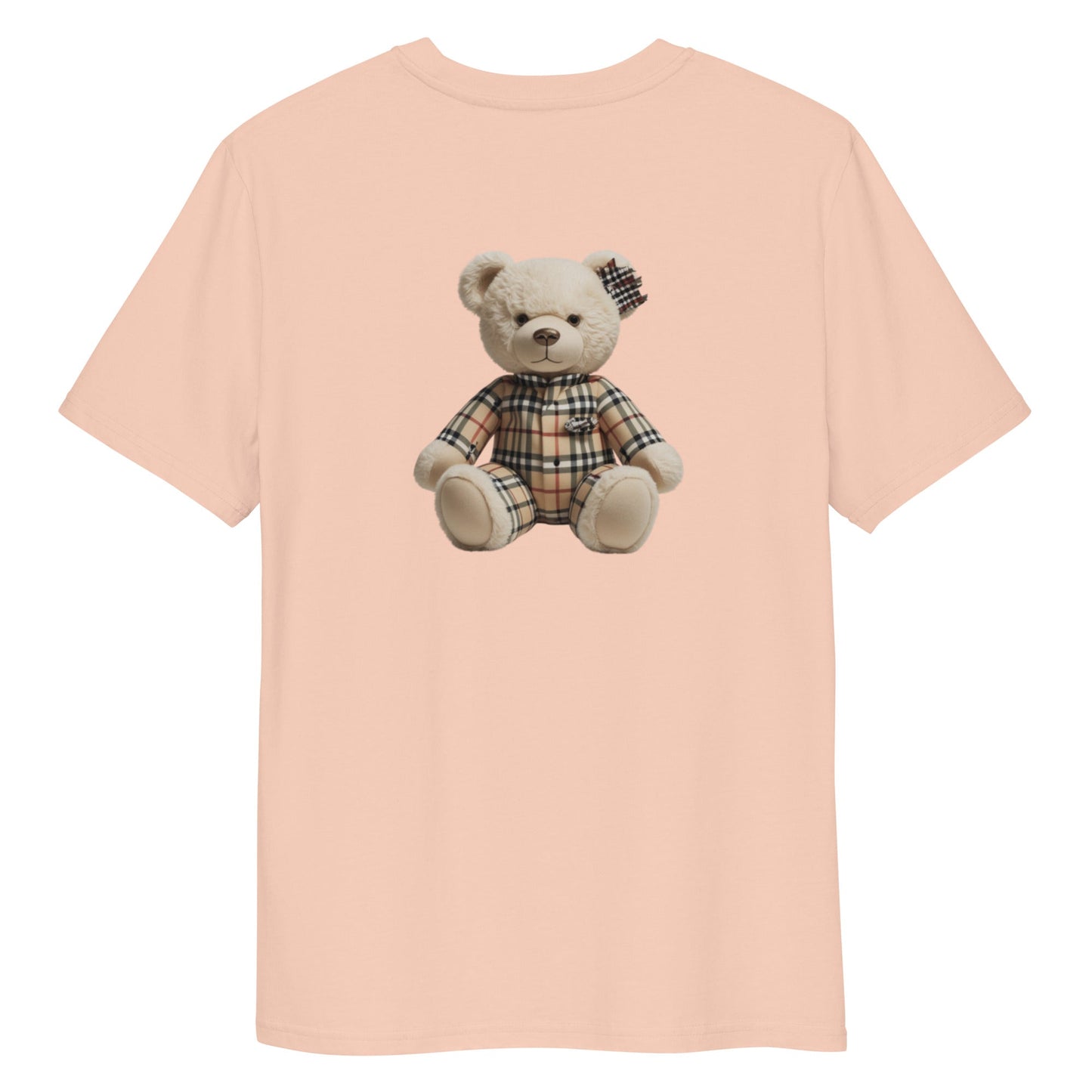 JW bear Unisex organic cotton t-shirt featuring a stuffed bear with plaid design on the back, eco-friendly and comfortable.