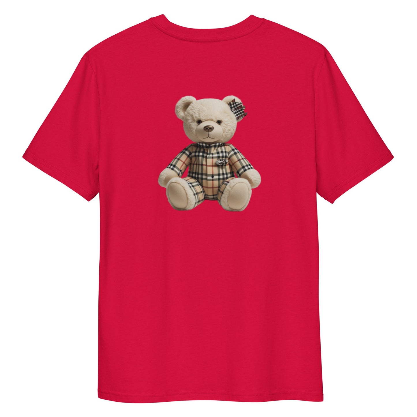 JW bear Unisex organic cotton t-shirt with bear graphic on red fabric.