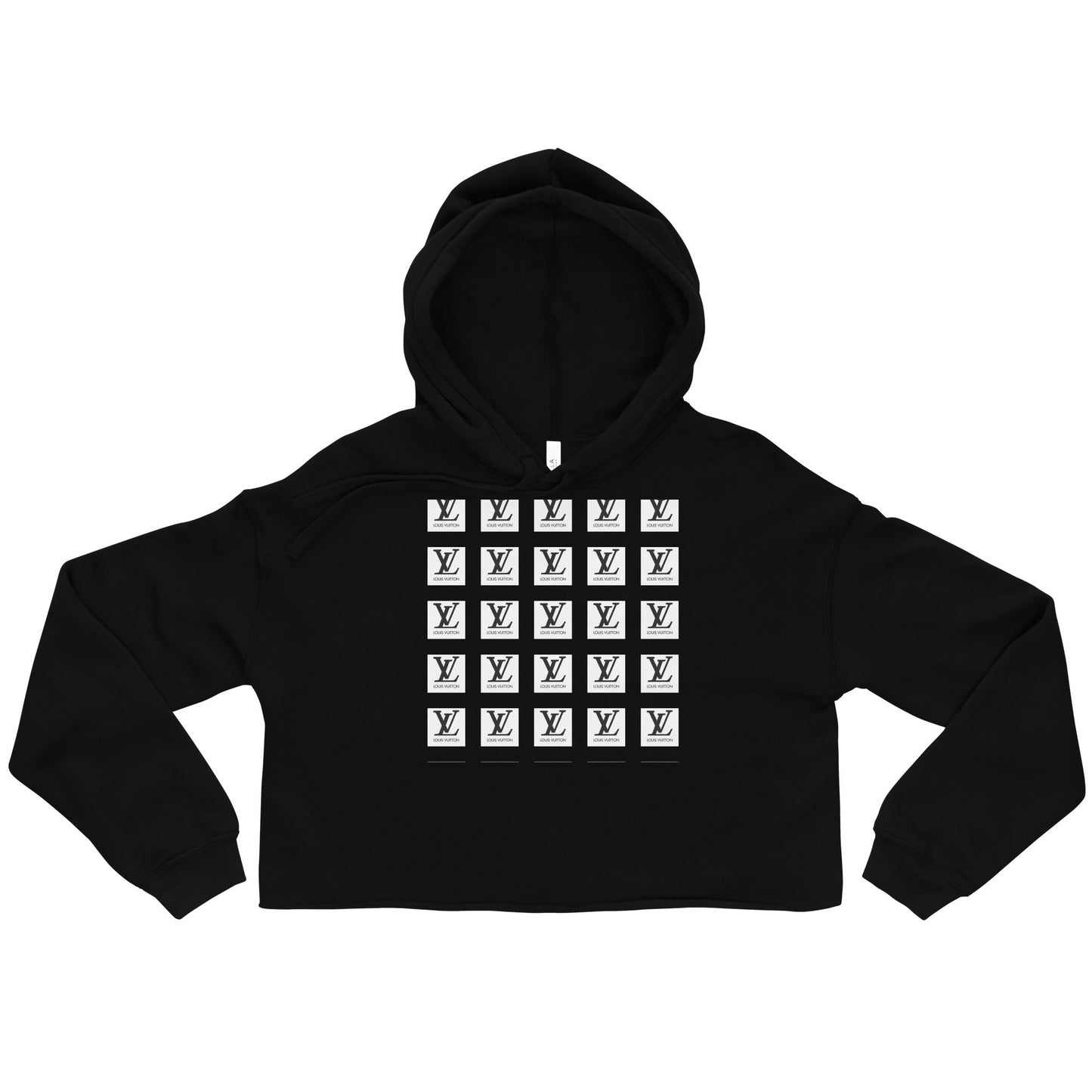 Black crop hoodie with raw hem and drawstrings, featuring a front grid design.