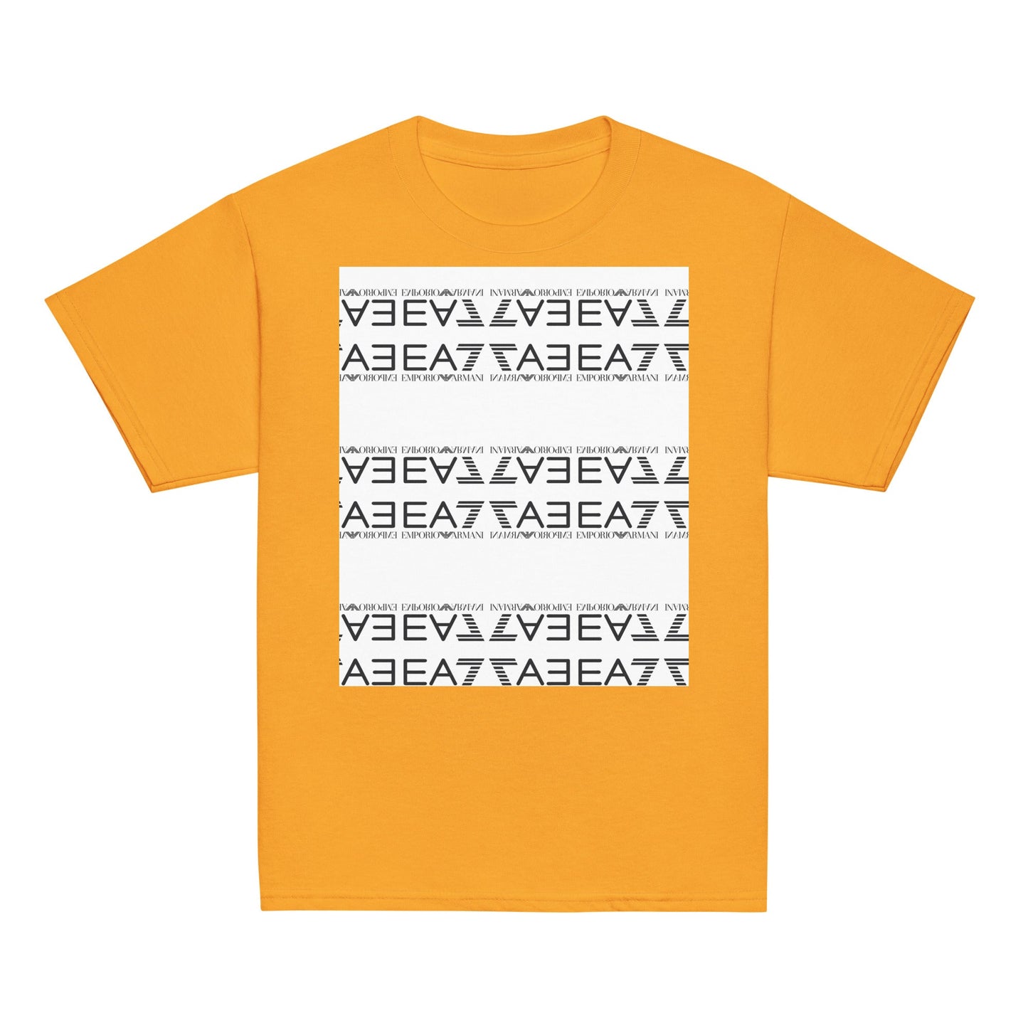Youth classic tee in orange with a white and black geometric design on the front.