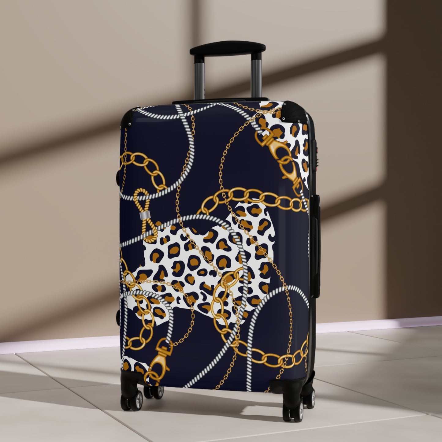 Stylish Leopard Print Suitcase with Gold Chains - Trendy Travel Gear - JW Store