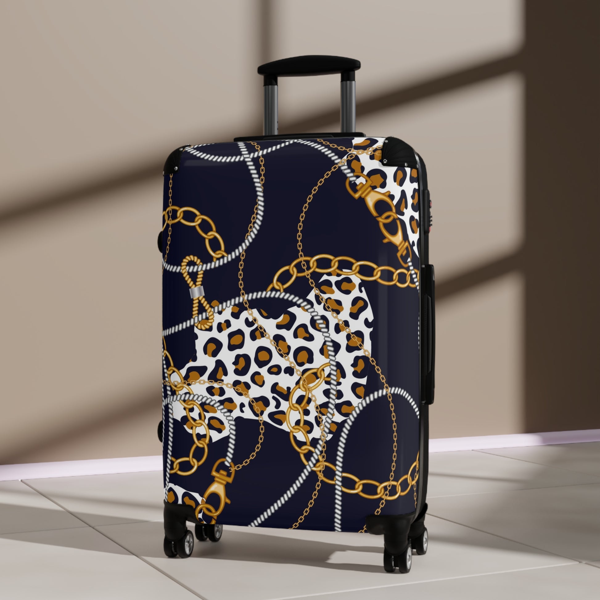 Stylish Leopard Print Suitcase with Gold Chains - Trendy Travel Gear - JW Store