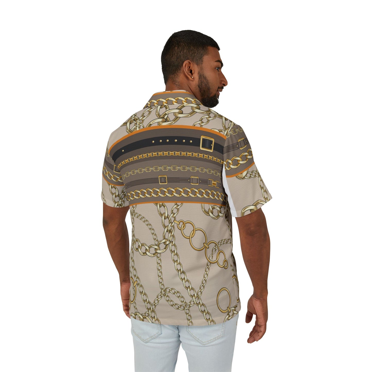 Men's Hawaiian Camp Shirt - Trendy Chain Print for Beach & Casual Wear