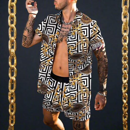 Summer Men Hawaiian Sets Printed Breathable Lapel Short Sleeve Shirtelastic Waist Beach Shorts Streetwear Casual Men Sets 2 Piec