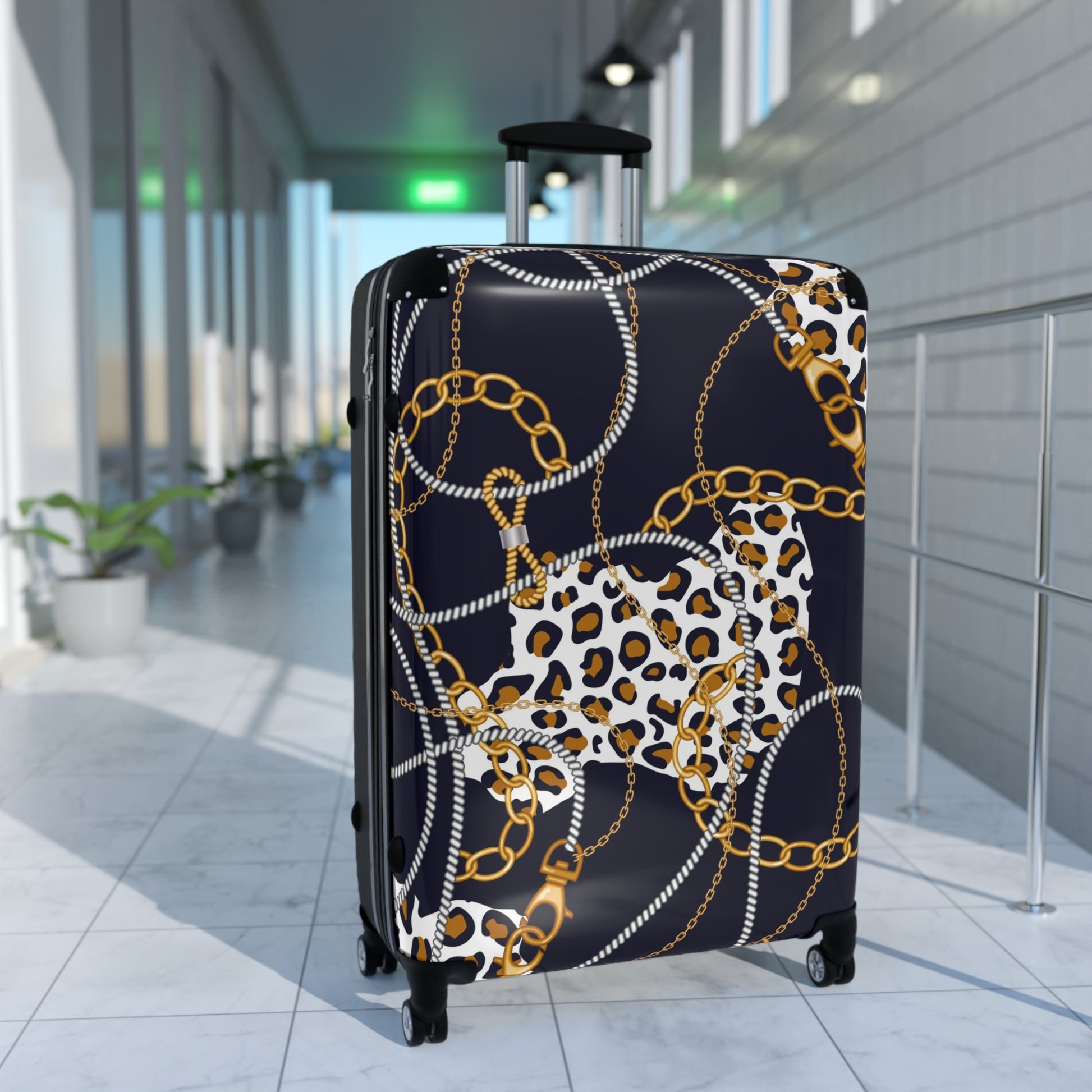 Stylish Leopard Print Suitcase with Gold Chains - Trendy Travel Gear - JW Store