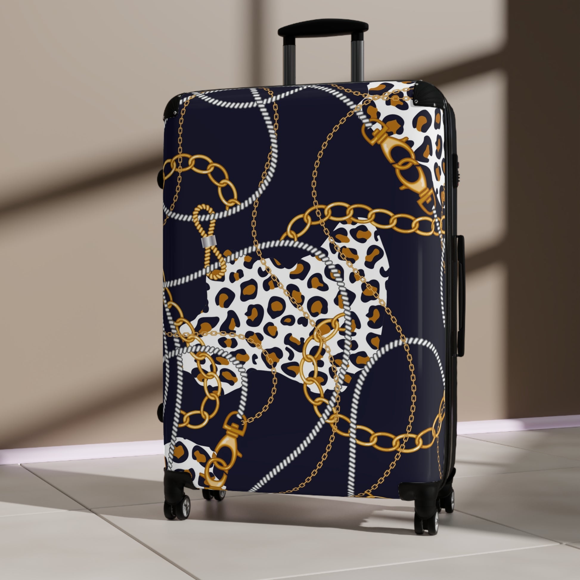 Stylish Leopard Print Suitcase with Gold Chains - Trendy Travel Gear - JW Store