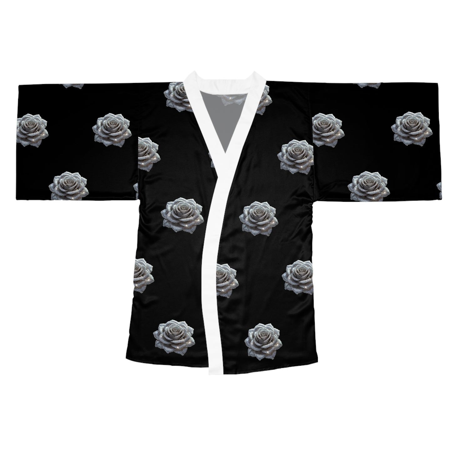 Elegant Black Rose Long Sleeve Kimono Robe for Relaxation & Style