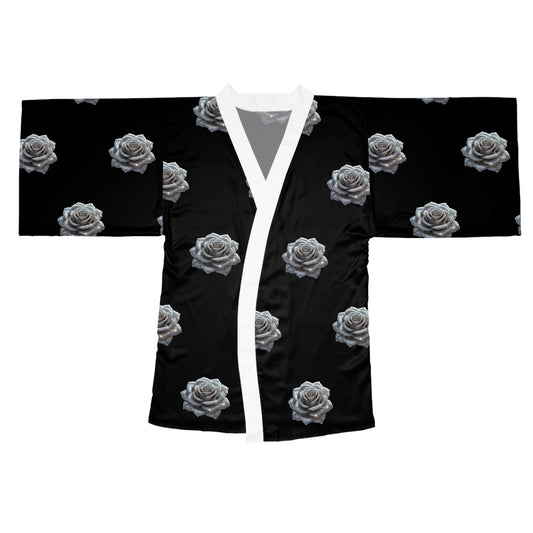Elegant Black Rose Long Sleeve Kimono Robe for Relaxation & Style