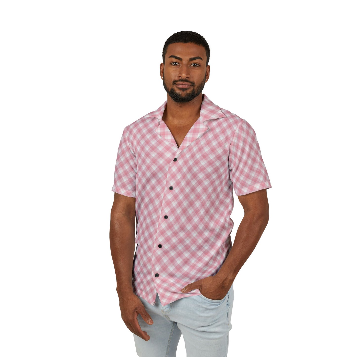 Men's Pink Checked Hawaiian Camp Shirt - Stylish Summer Vibes