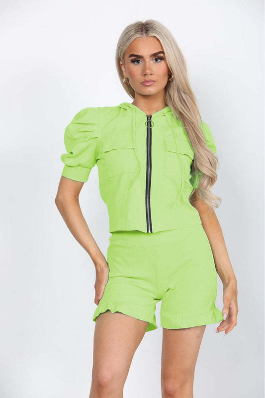 Front Pocket Zip Up Suit Ribbed Hooded Lounge Wear Short Set