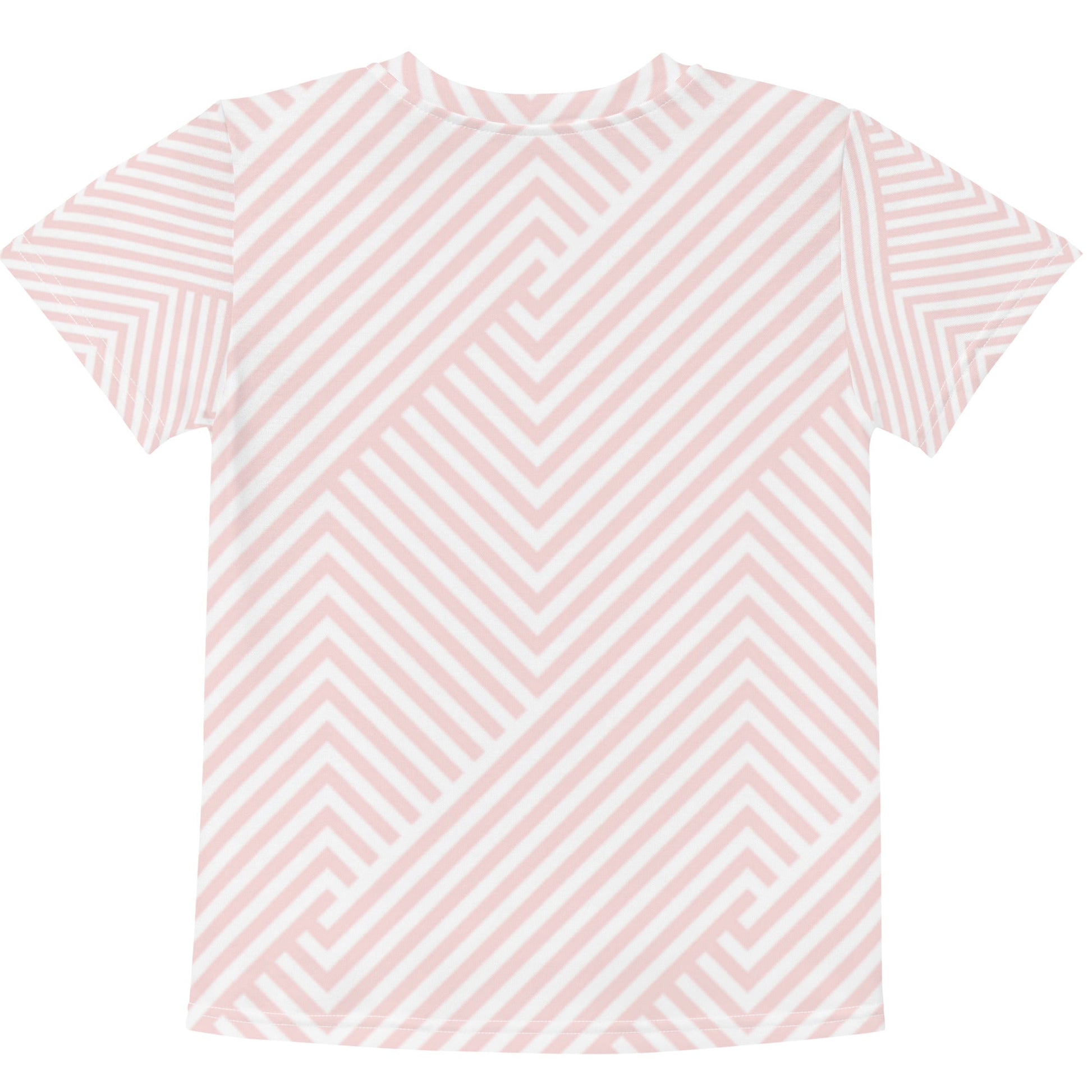 Jw bearKids crew neck t-shirt with pink and white diagonal stripe pattern.