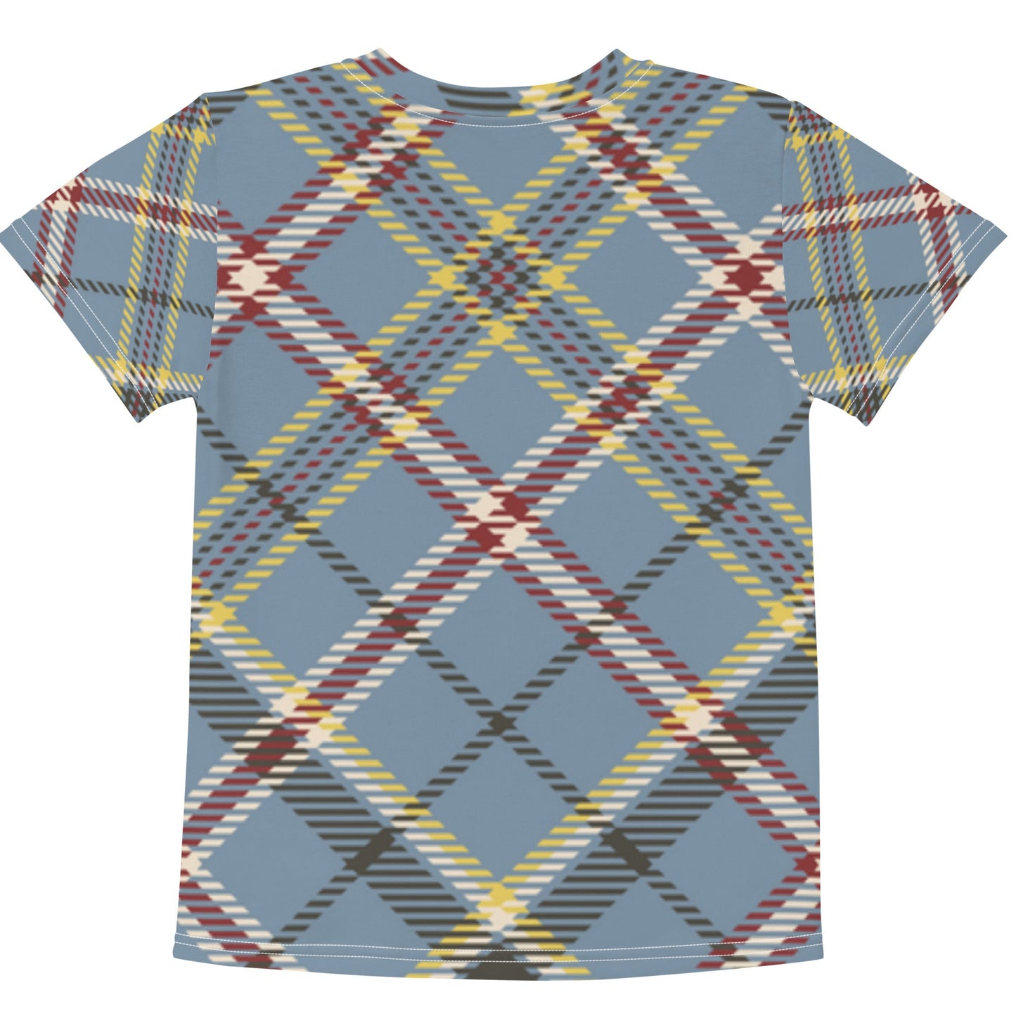 Colorful kids crew neck t-shirt with plaid design, made of stretchable polyester and spandex.