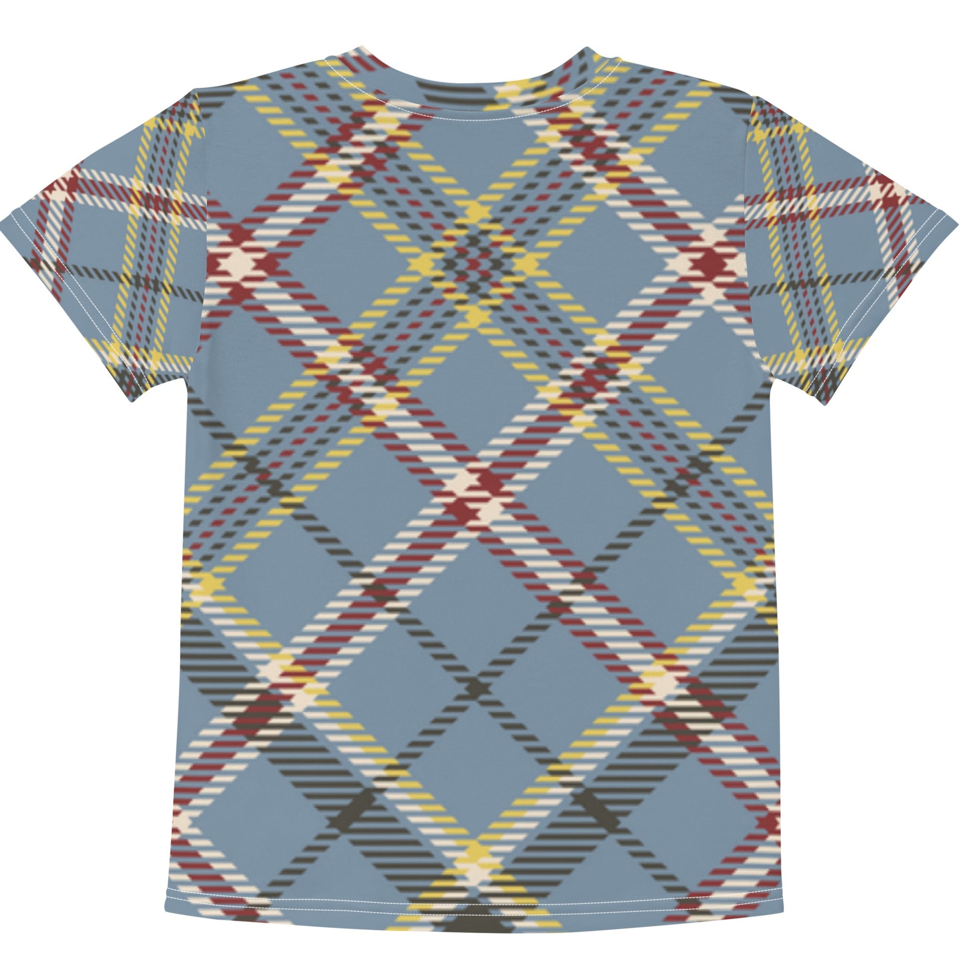 Colorful kids crew neck t-shirt with plaid design, made of stretchable polyester and spandex.