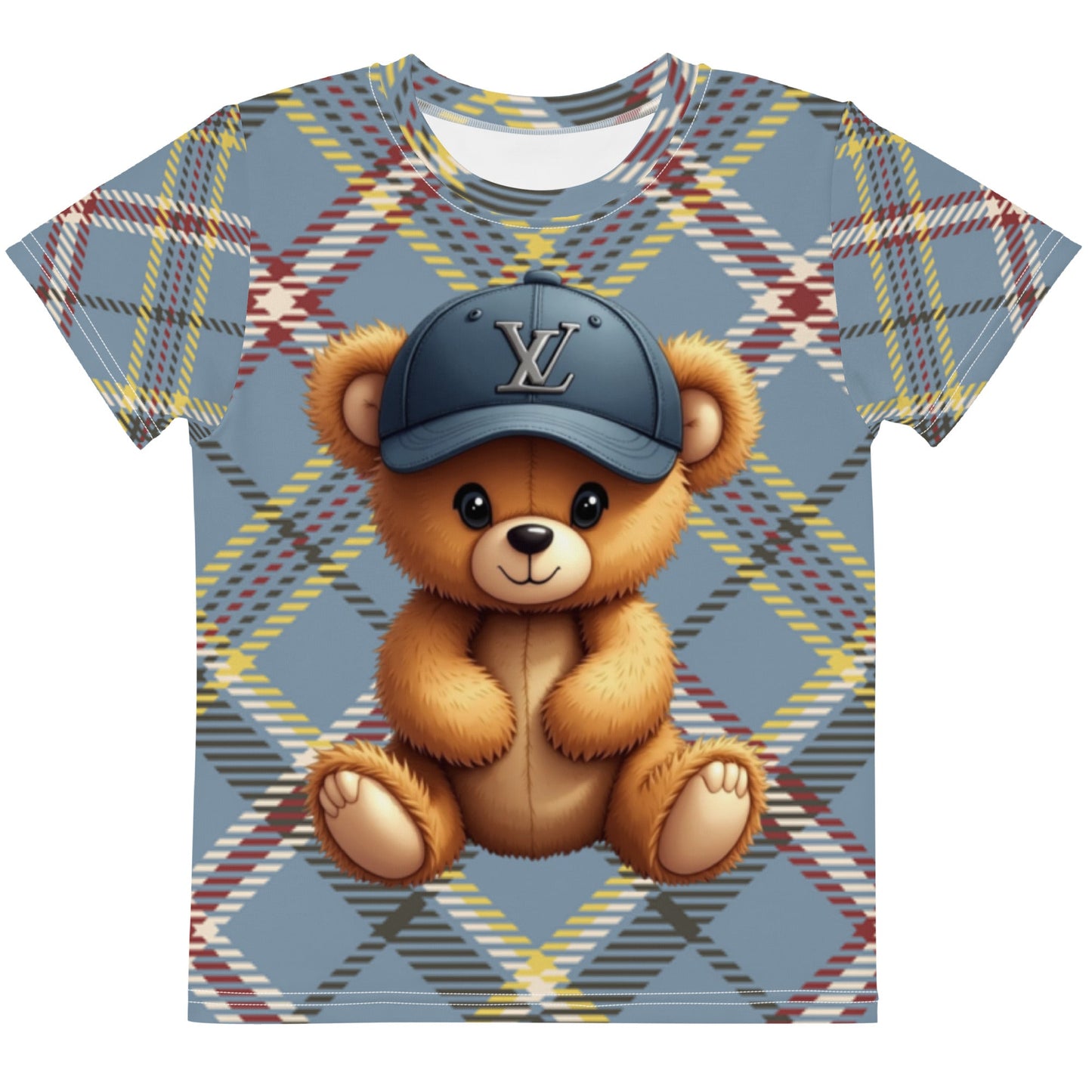 Colorful kids crew neck t-shirt with teddy bear design and plaid pattern.