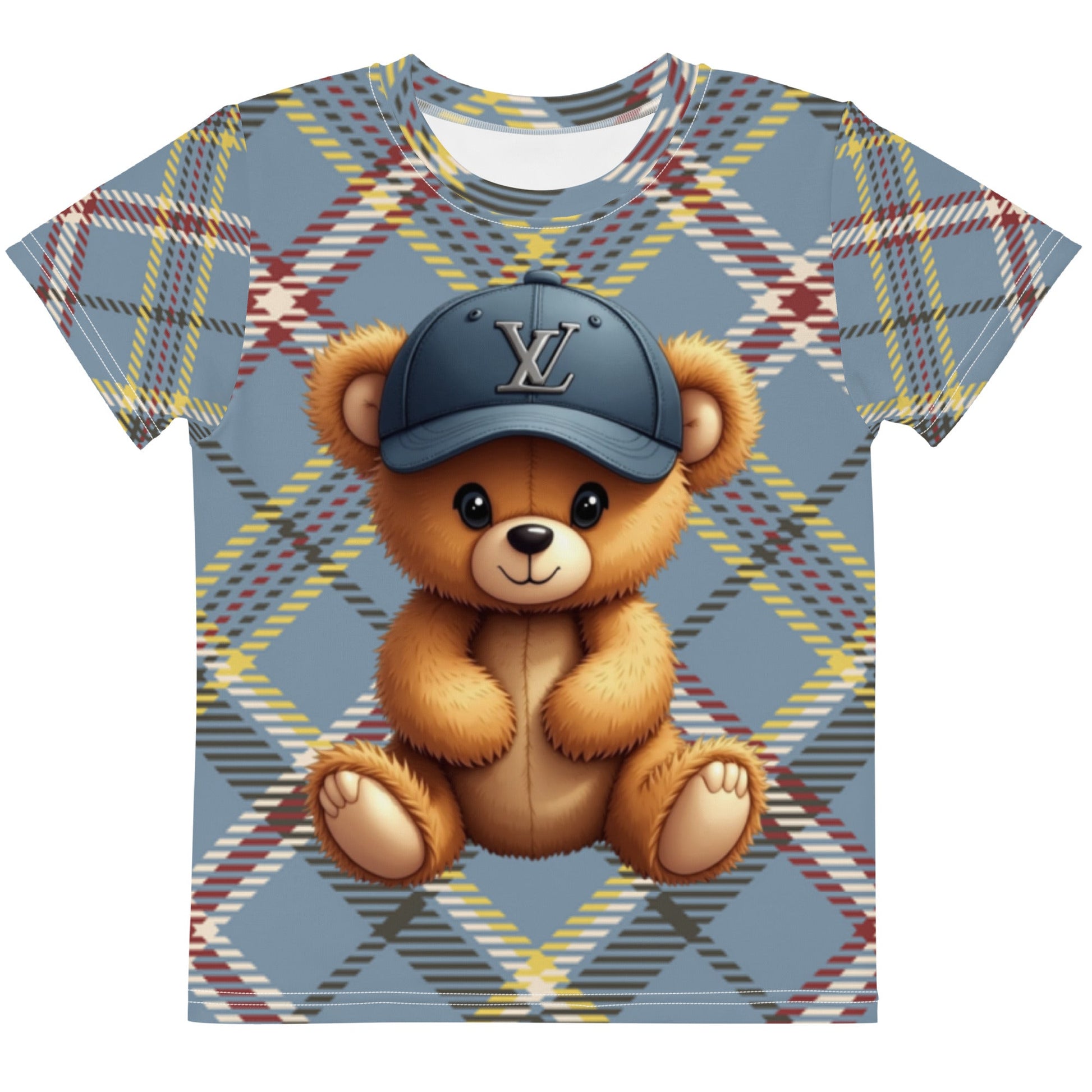 Colorful kids crew neck t-shirt with teddy bear design and plaid pattern.
