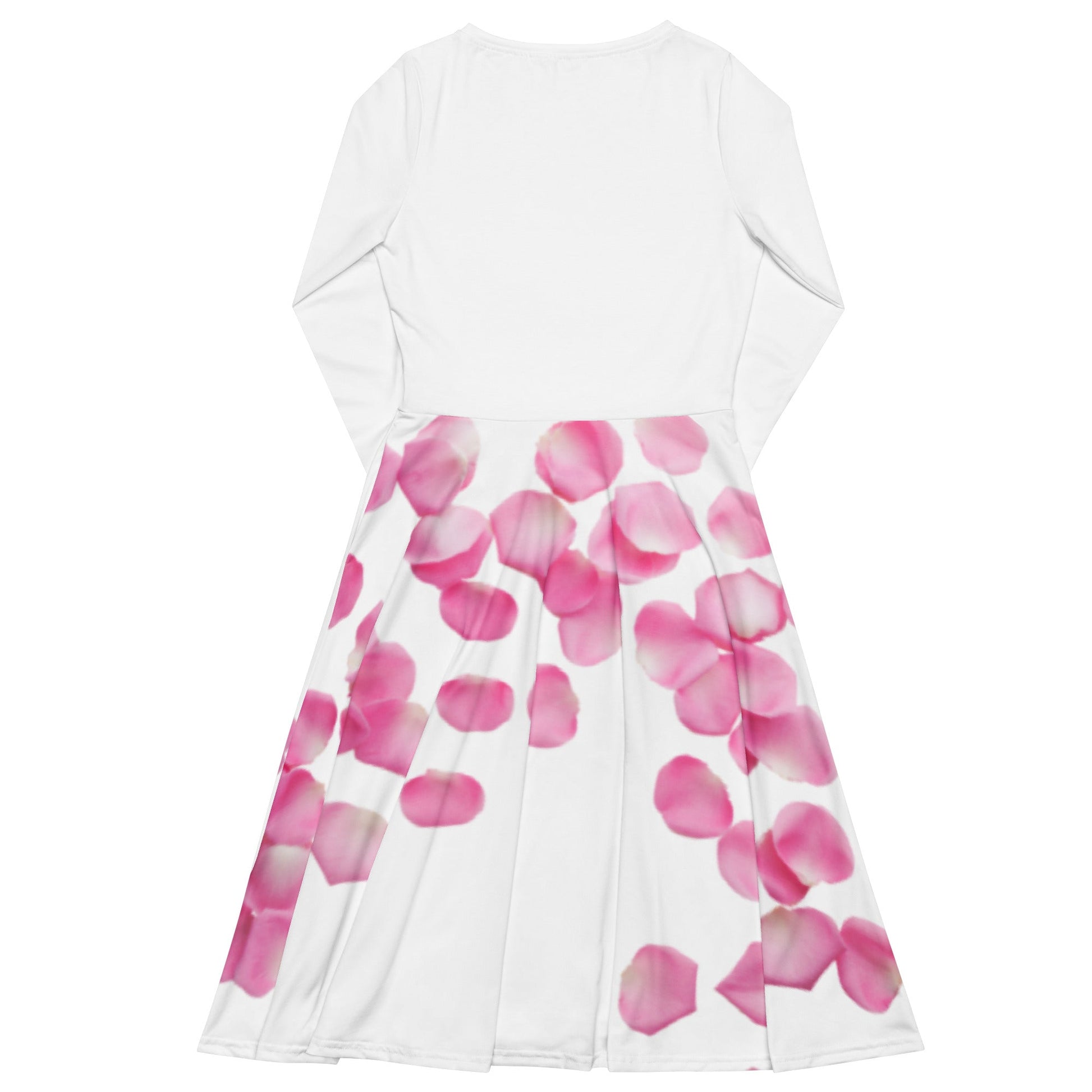 All-over print long sleeve midi dress with pink petal design, fitted waist, and flared skirt.