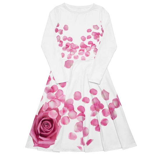 All-over print long sleeve midi dress with pink rose design, flared silhouette, and side pockets.