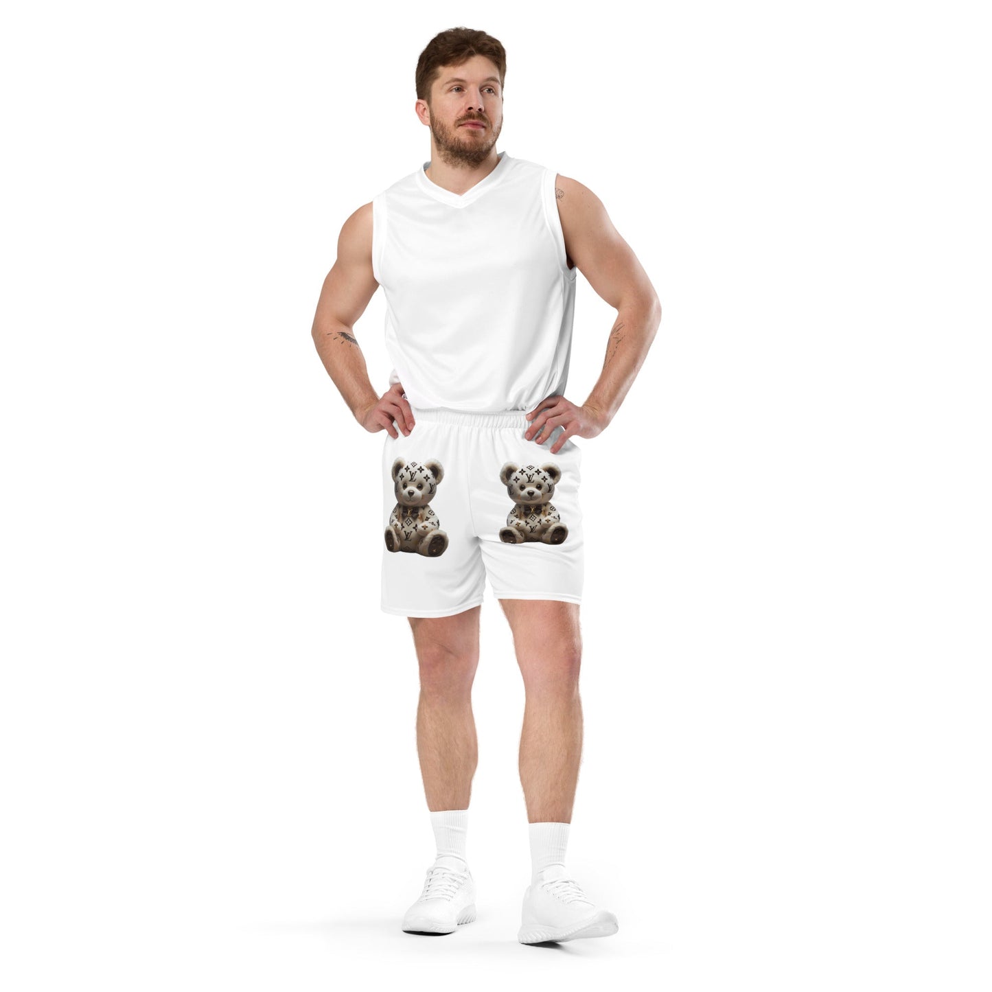 Unisex mesh shorts with designer bear by JW, featuring moisture-wicking recycled fabric and UPF50+ protection.