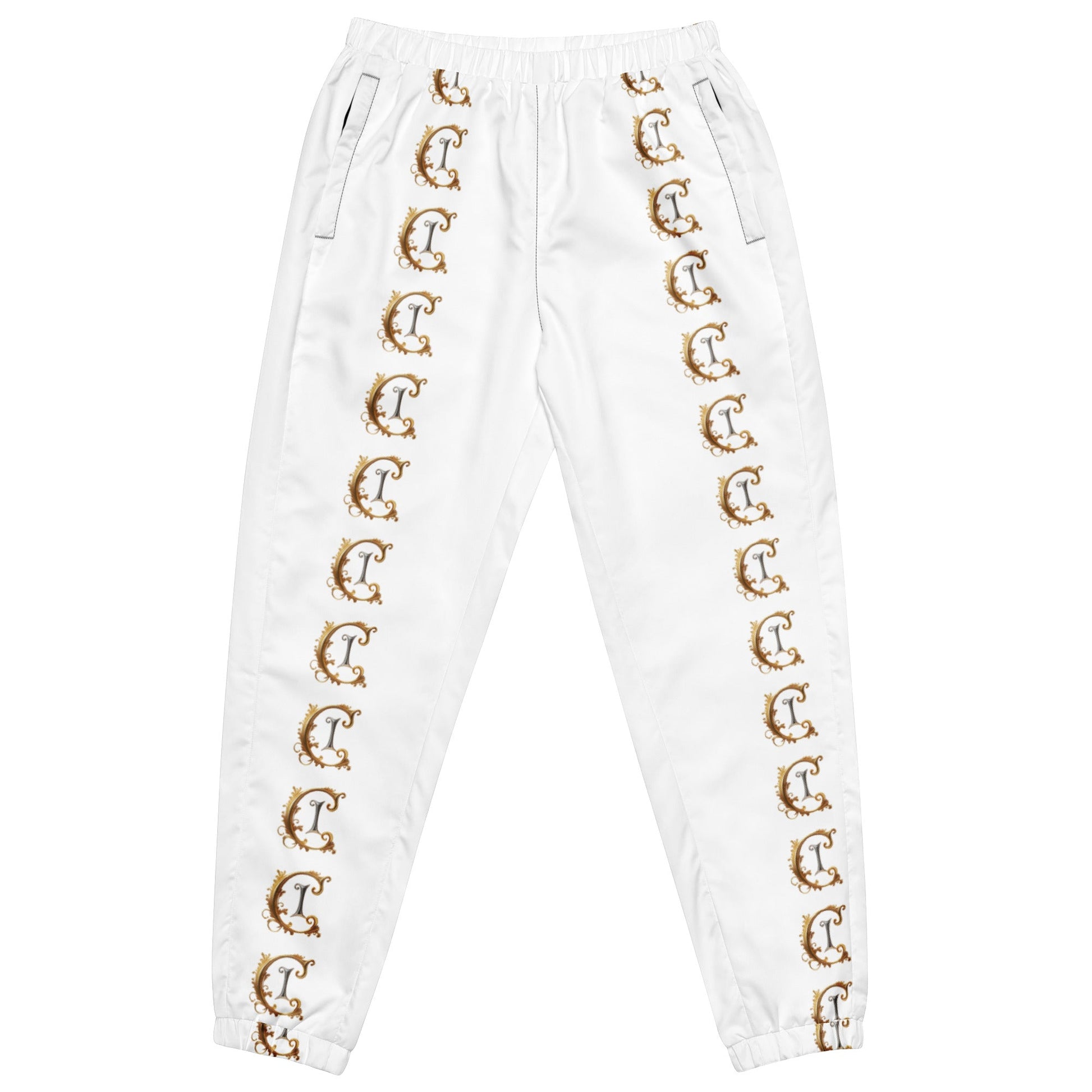Unisex track pants with elastic ankle cuffs and side patterns.