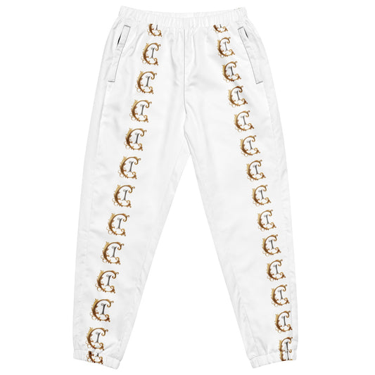 Unisex track pants with elastic ankle cuffs and side patterns.