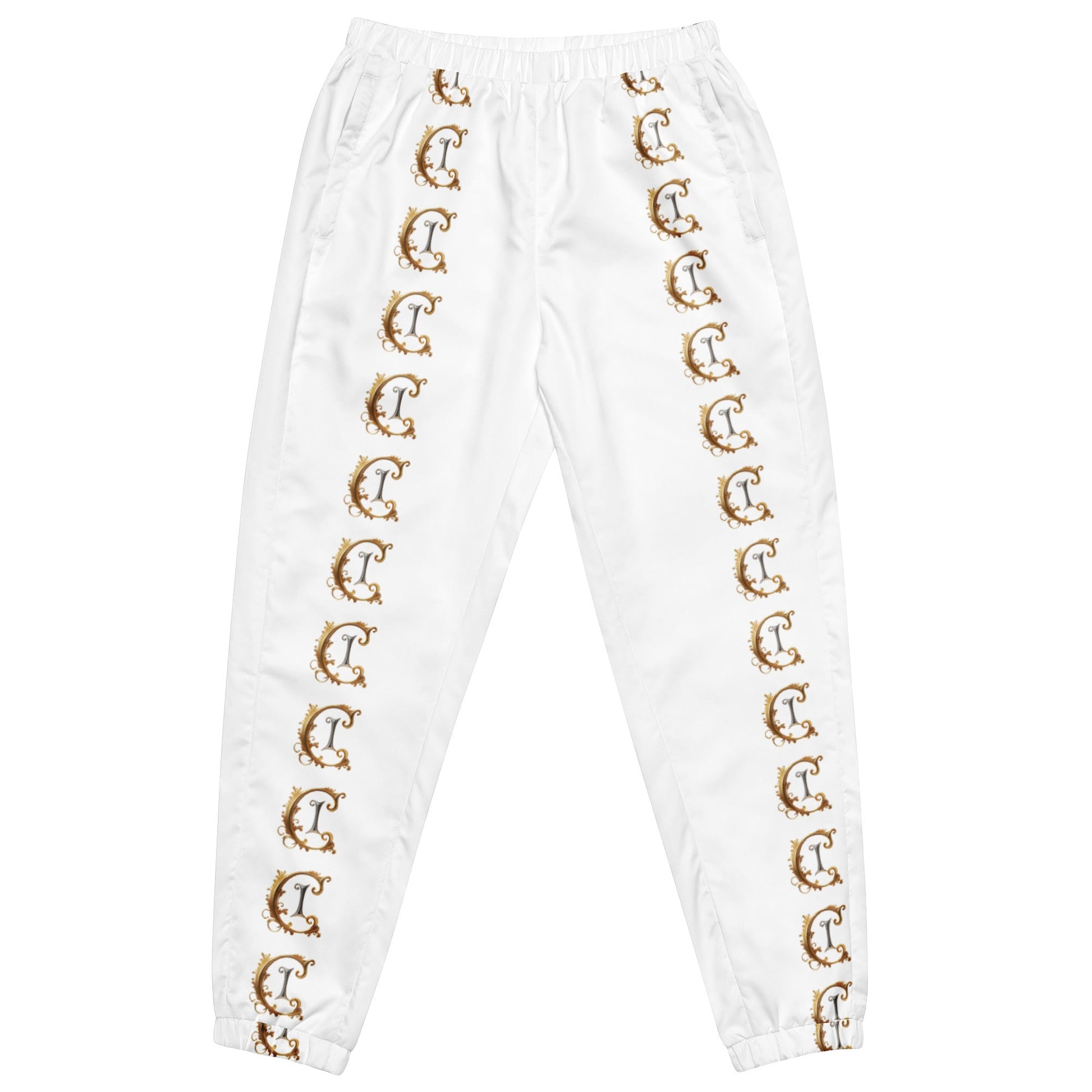 Unisex track pants with elastic waistband and ankle cuffs, featuring side zip pockets and decorative design.