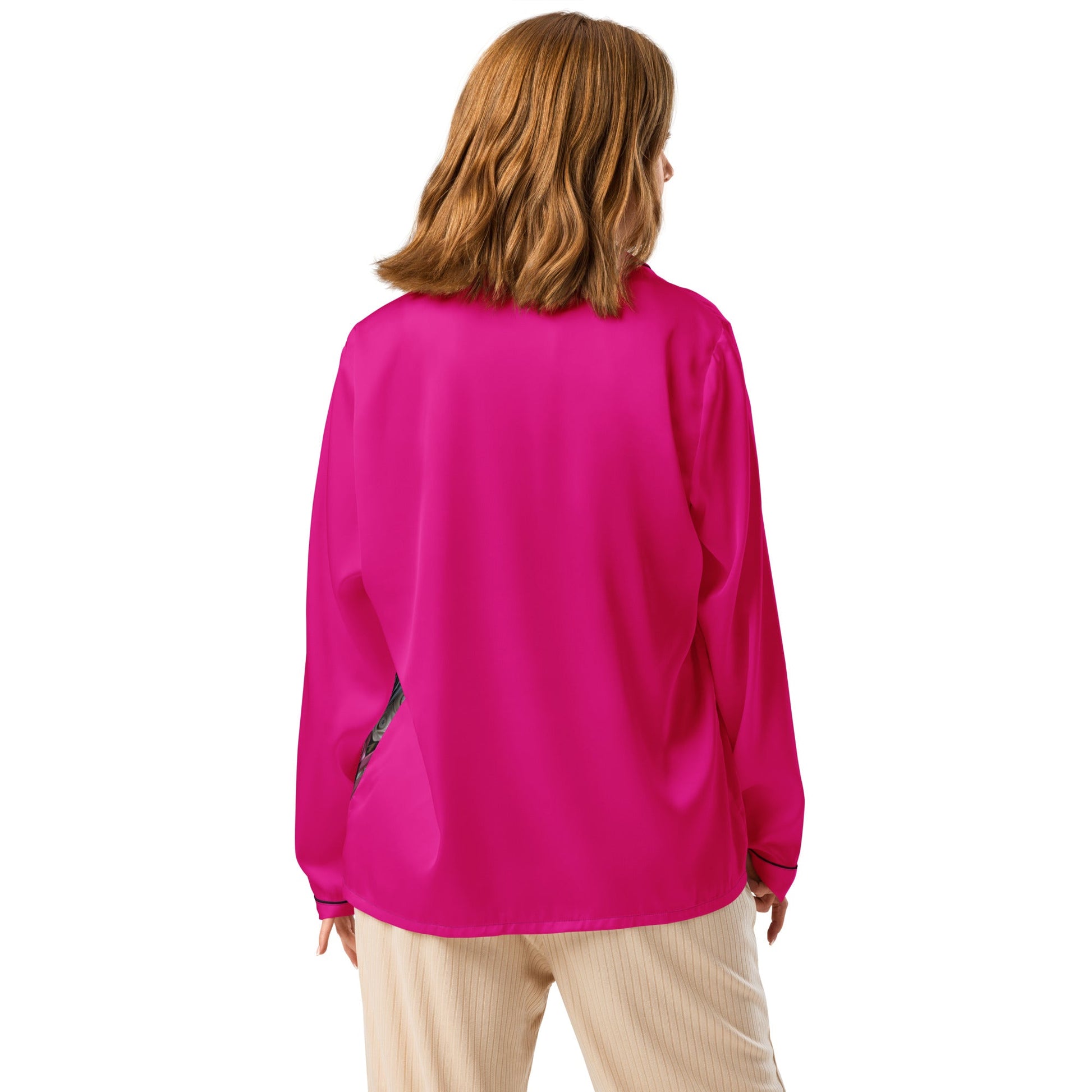 Mothers Day Women’s long sleeve pajama top in silky fabric with relaxed fit and chest pocket.