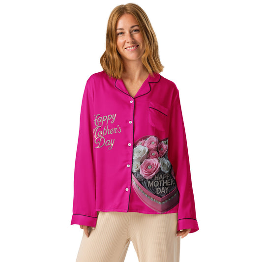 Mothers Day women’s long sleeve pajama top with elegant piping and chest pocket.