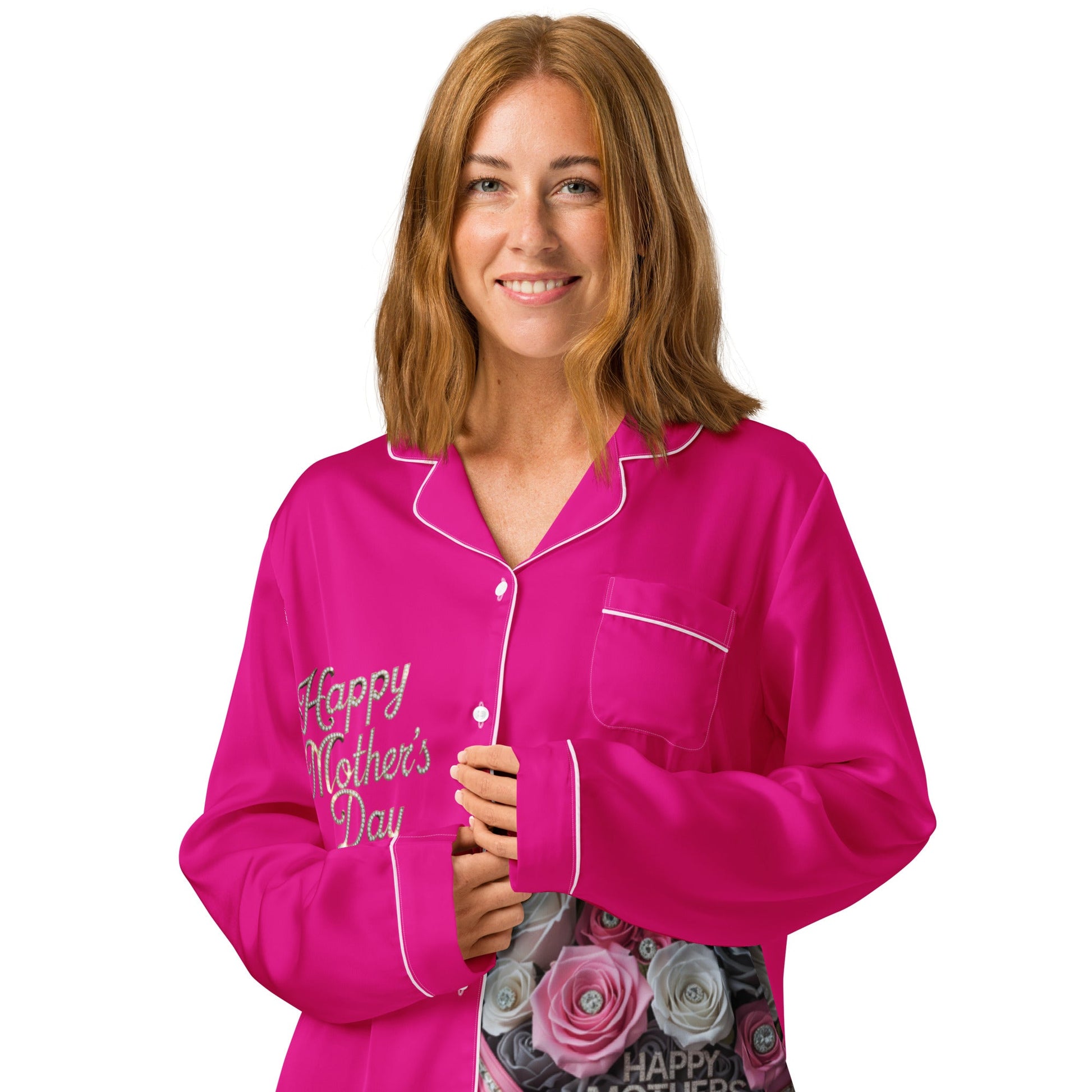 Mothers Day Women’s long sleeve pajama top with relaxed fit and elegant piping details.