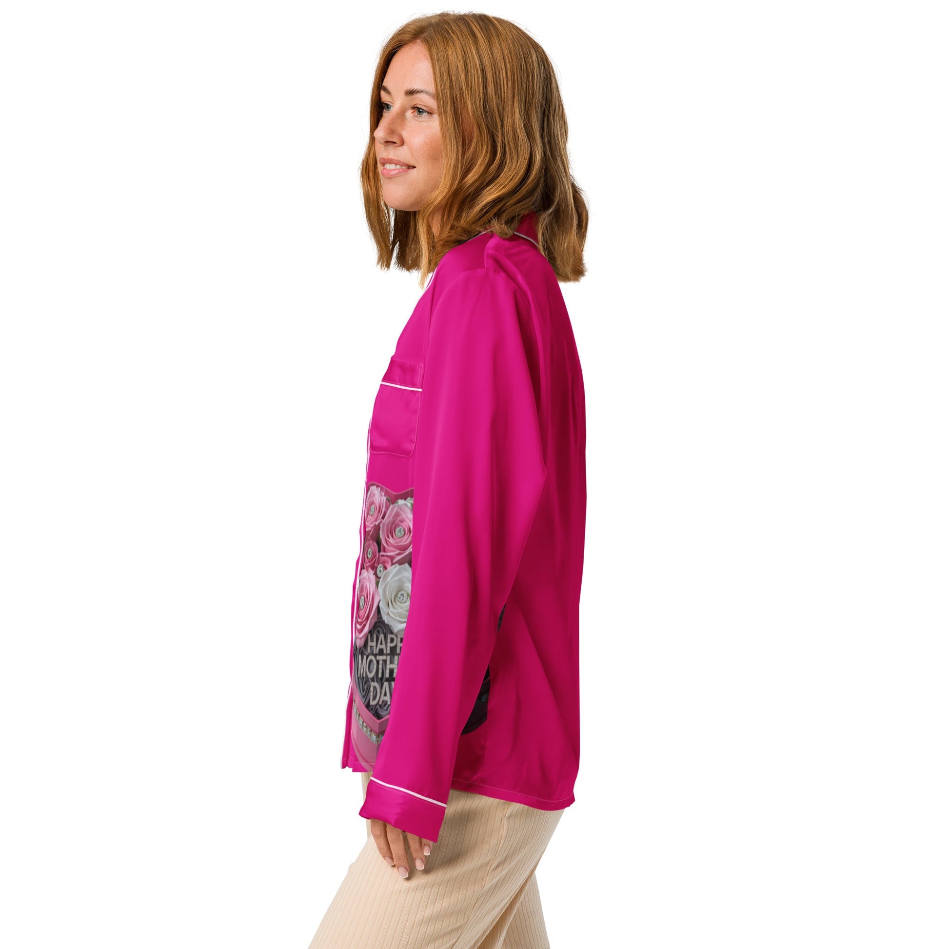 Mothers Day women’s long sleeve pajama top with relaxed fit and elegant piping.
