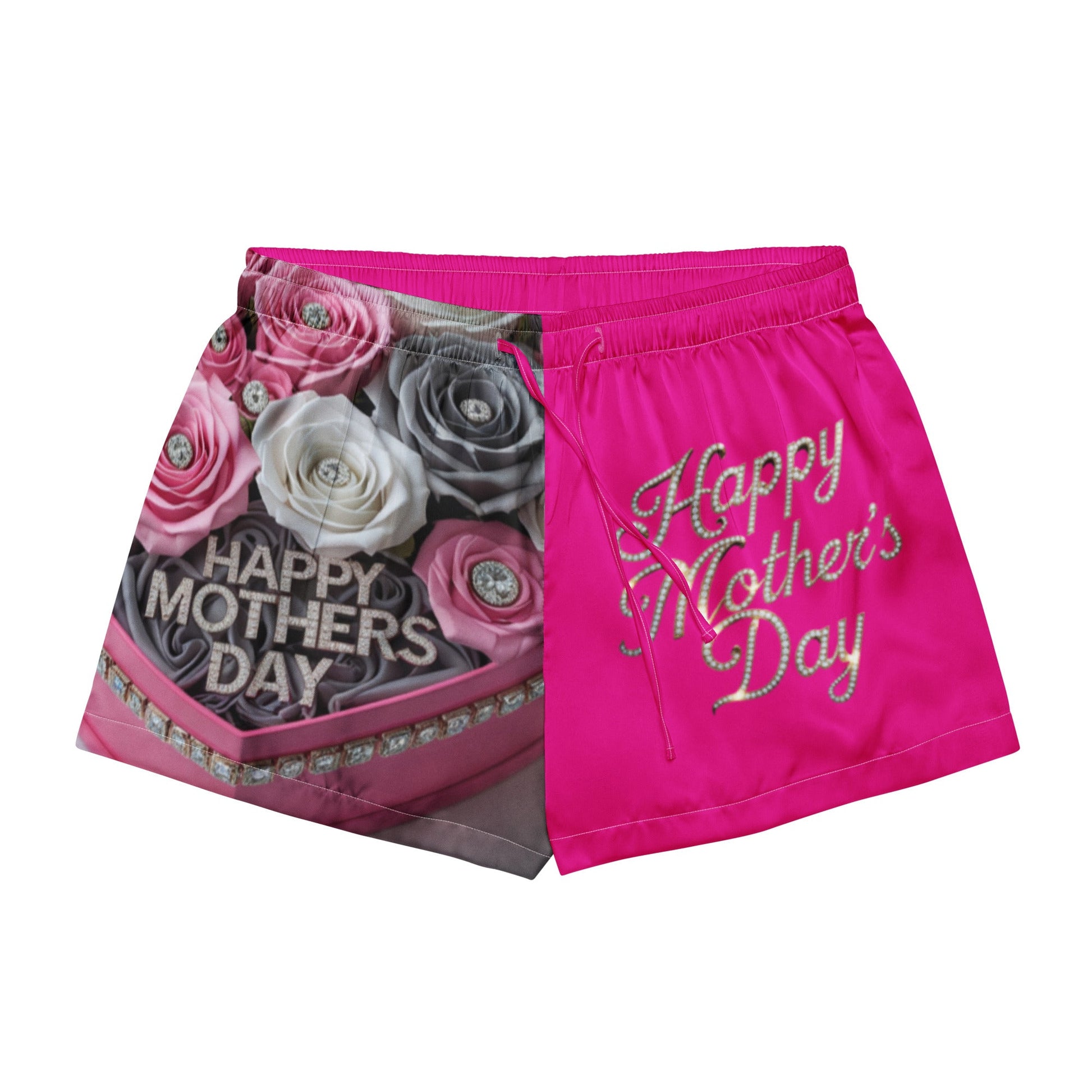 Silky-soft Mothers Day pajama shorts with "Happy Mother's Day" design and chic piping details.