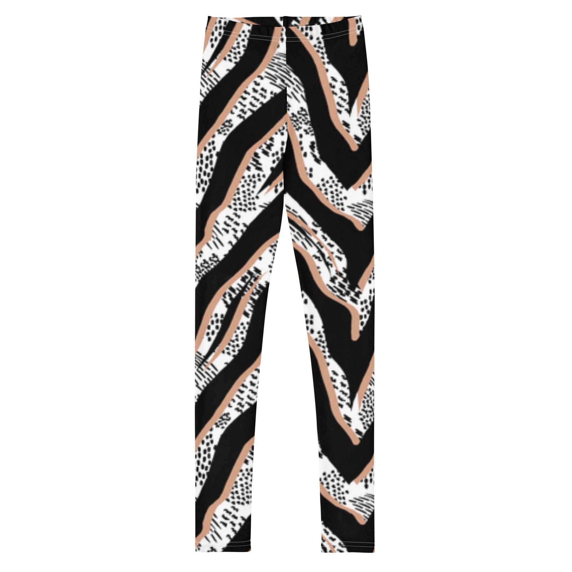 Youth leggings with black, white, and tan abstract pattern, made from soft, stretchy fabric.