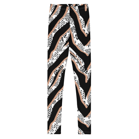 Youth leggings with black, white, and tan abstract pattern, made from soft, stretchy fabric.