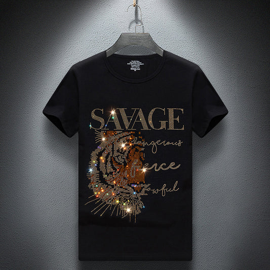 European Goods Round Neck Rhinestone Hot Fixed Short Sleeve T-shirt