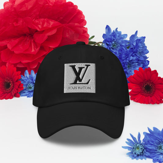 Black embroidered dad hat with adjustable strap and curved visor.