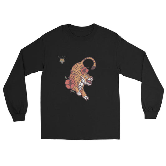 Men’s Long Sleeve Shirt in black with tiger and floral design, 100% cotton, classic fit.