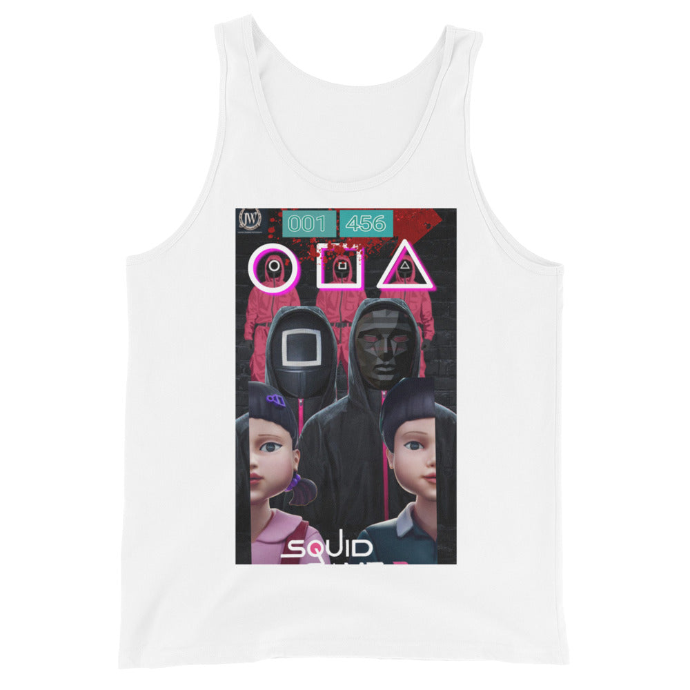 Men's tank top featuring unique graphic design, soft cotton blend.