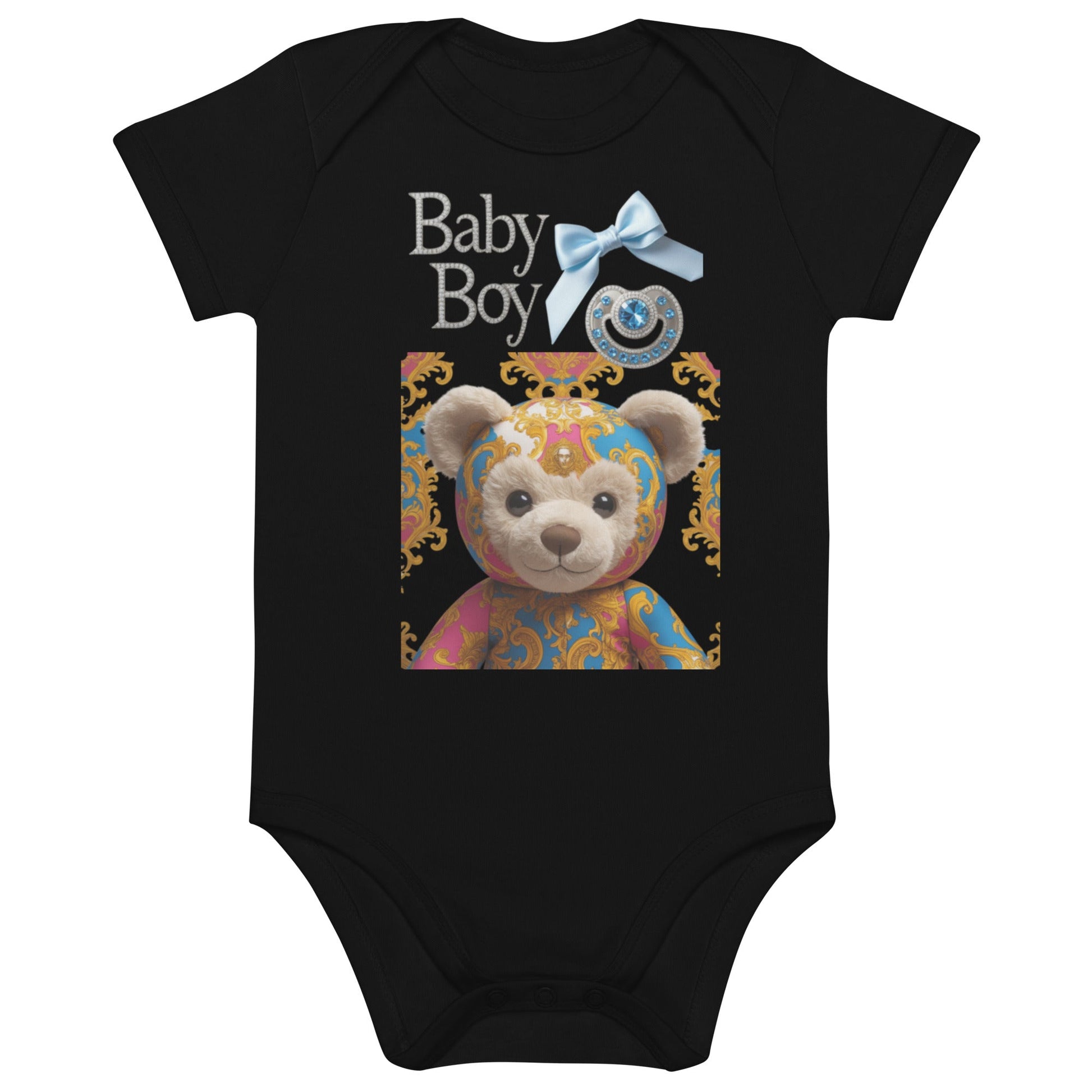 Organic cotton baby bodysuit with bear design and "Baby Boy" text.