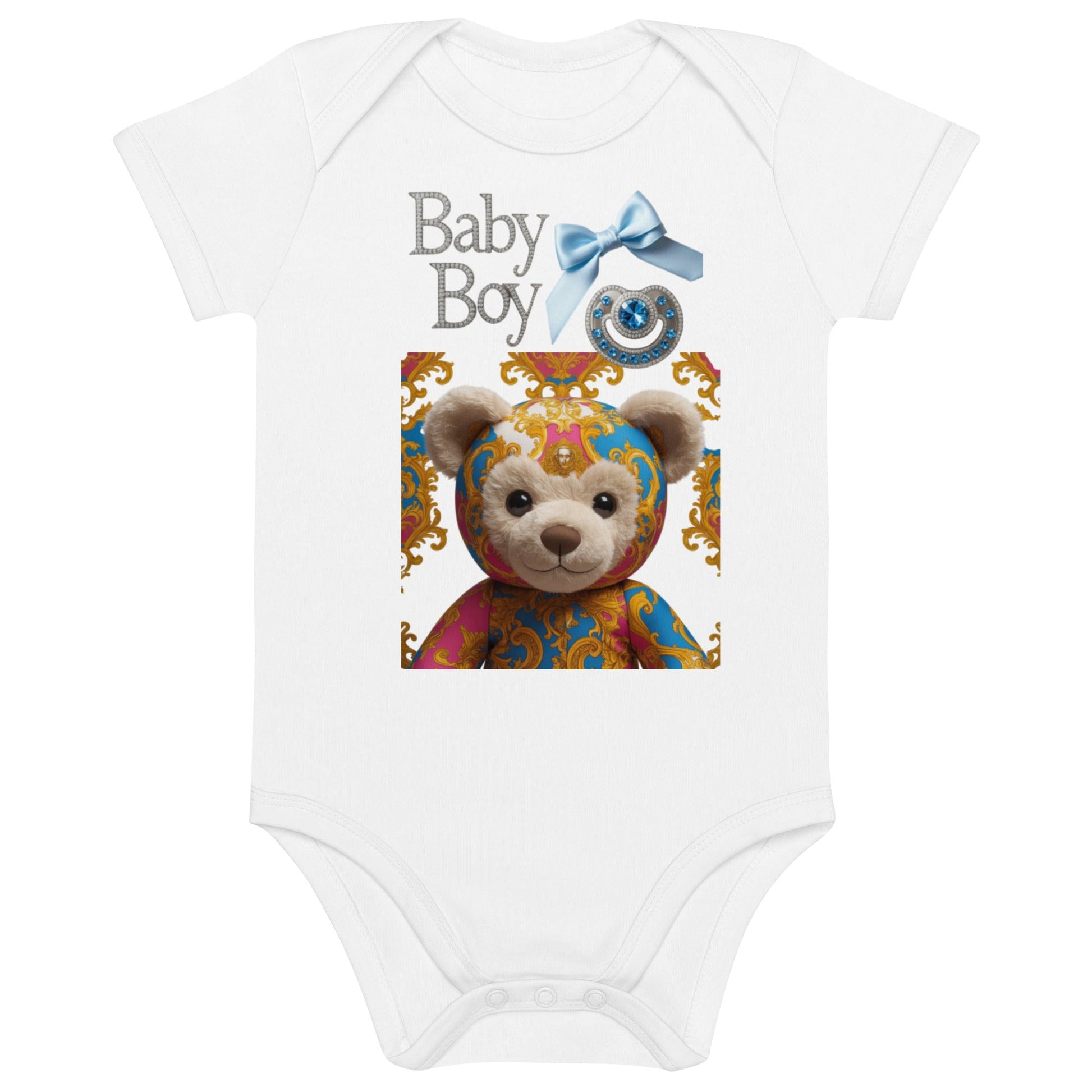 Organic cotton baby bodysuit with teddy bear design, soft and stretchy fabric.
